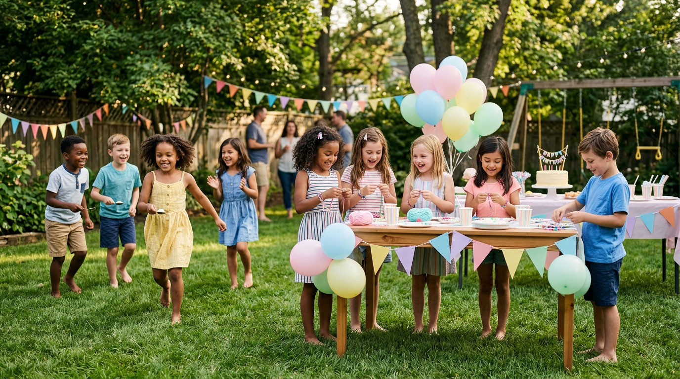 Kids enjoying a screen-free backyard birthday party with games and crafts