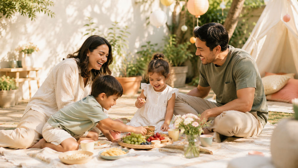 Smiling parents and two young children sitting on a blanket outdoors, enjoying a picnic with fruit, sandwiches, and snacks under soft sunlight, surrounded by plants, lanterns, and a cozy tent in the background.