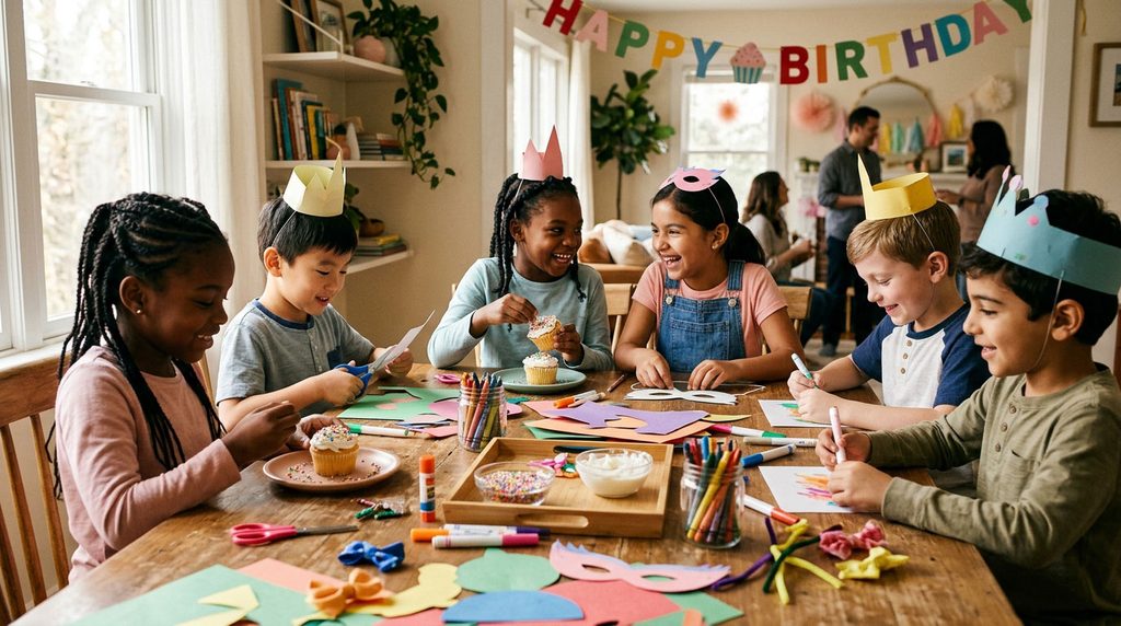 Kids enjoying crafts and cupcake decorating at a screen-free birthday party