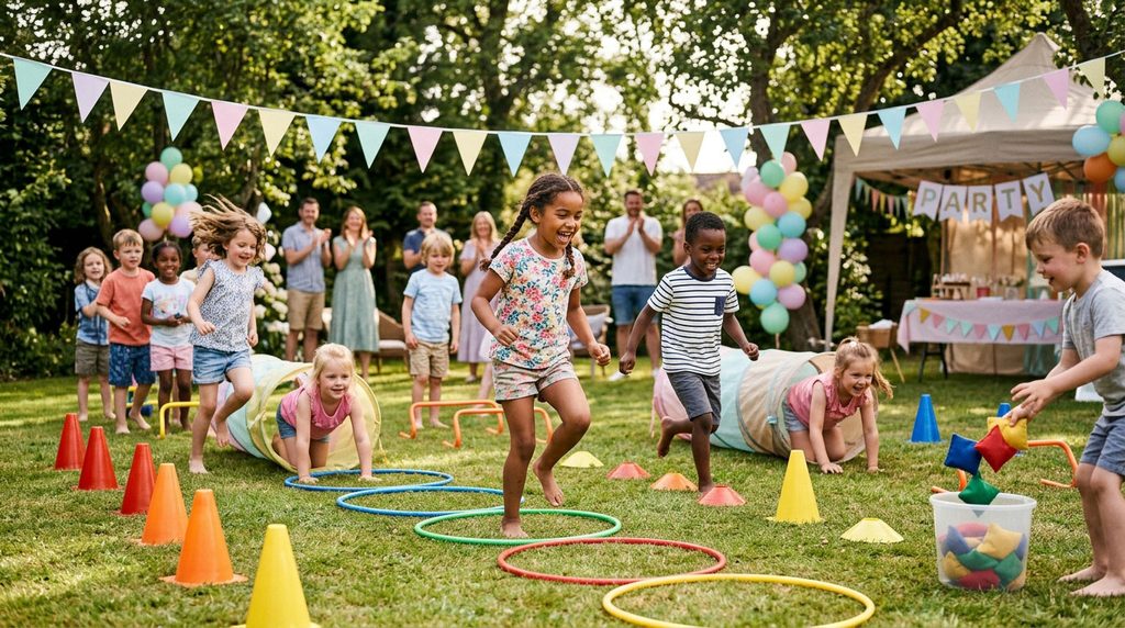 Children playing screen-free birthday party games in a backyard obstacle course